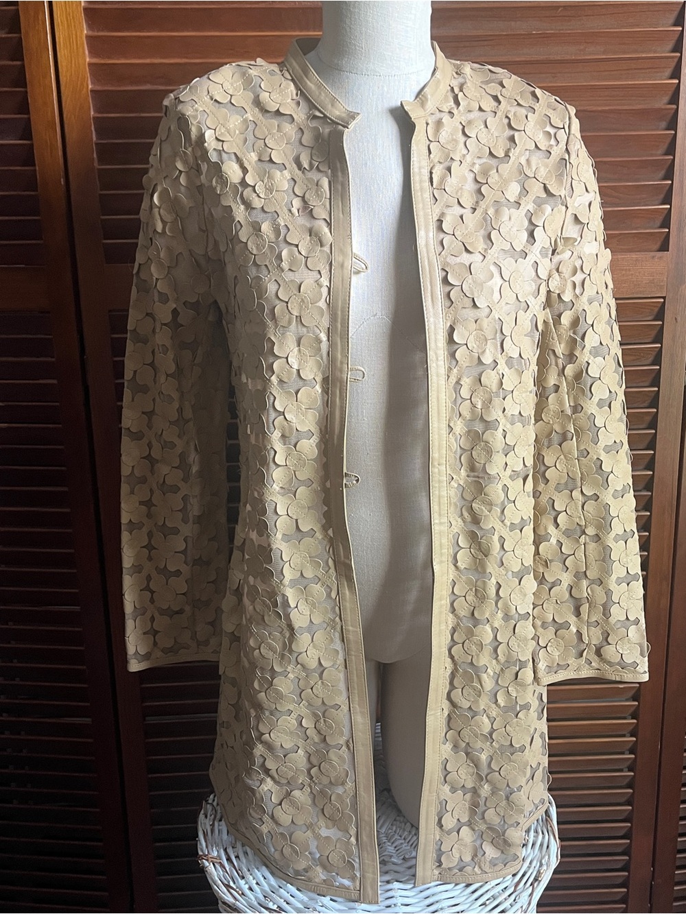 Cream Floral Appliqué Longline Leather Jacket